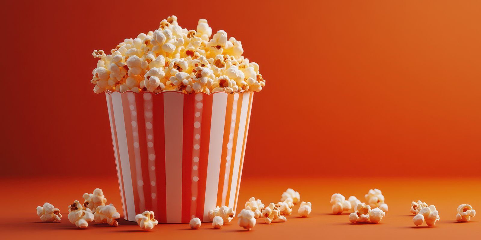 Large bowl of freshly popped popcorn on an orange background ready for movie night